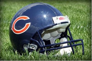 a Chicago Bears helmet on grass